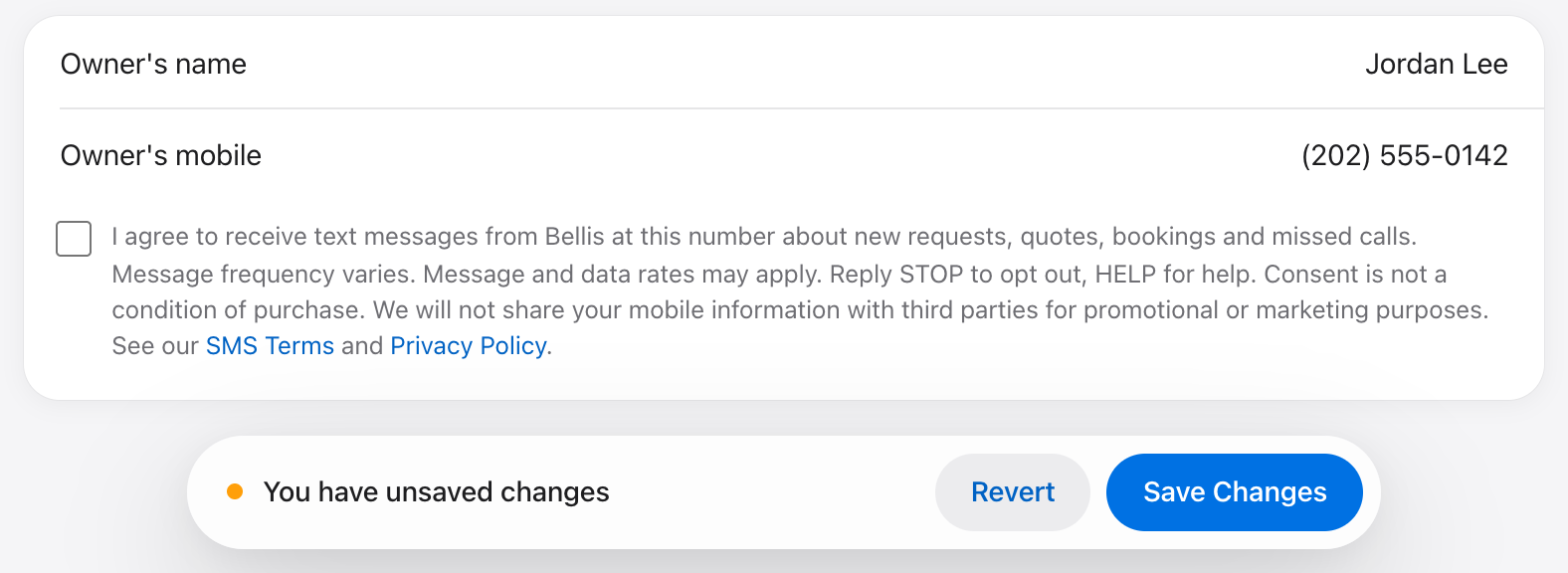 Business Setup in Bellis: the Owner’s mobile field, the unchecked SMS consent checkbox with its full text under it, and the Save Changes button